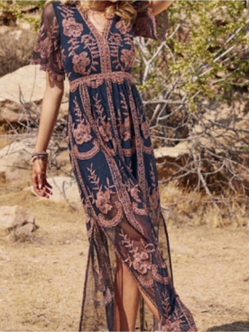 altar'd state dress Navy Blue Embroidery Romantic Sheer Scallops Floral Medium